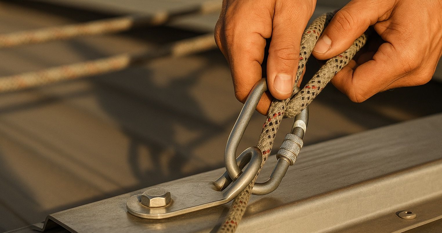 Ein Dachabsturzsicherungshaken, wo gerade ein Seil eingehängt wird