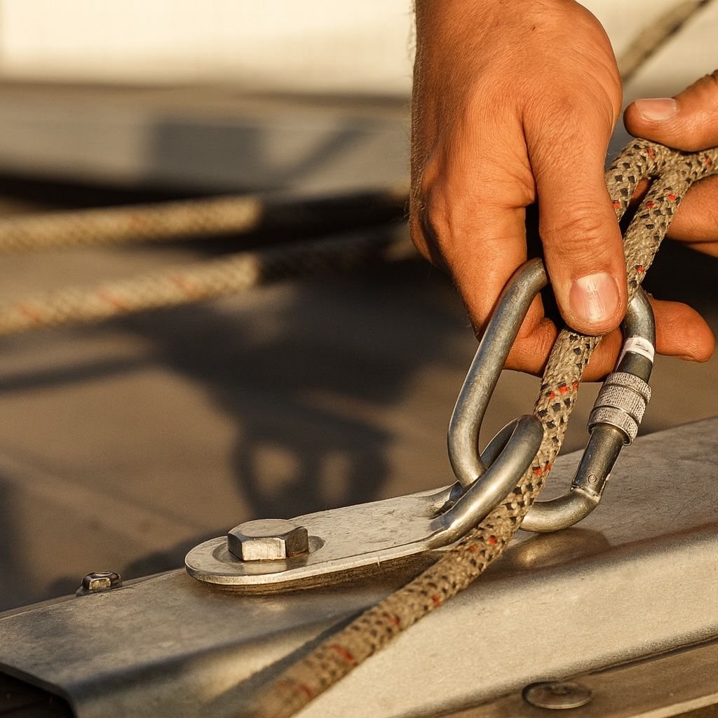 Ein Dachabsturzsicherungshaken, wo gerade ein Seil eingehängt wird