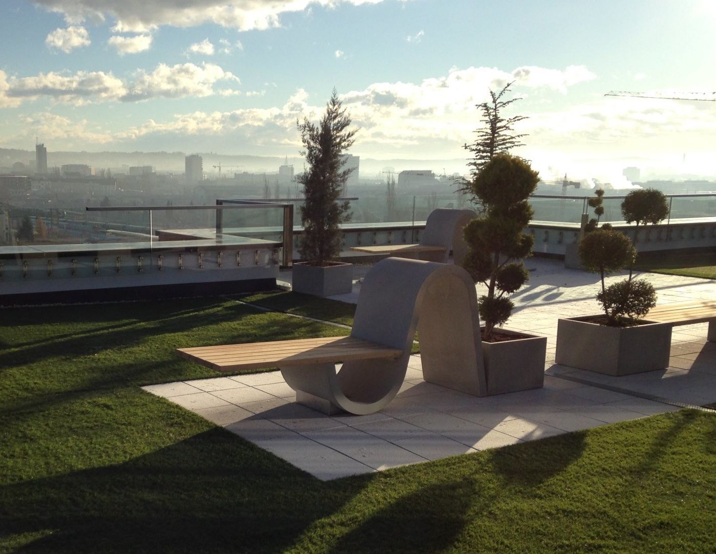 Eine Aufnahme aus der Vogelperspektive von einem begrünten Dach mit Sträuchern und Gras