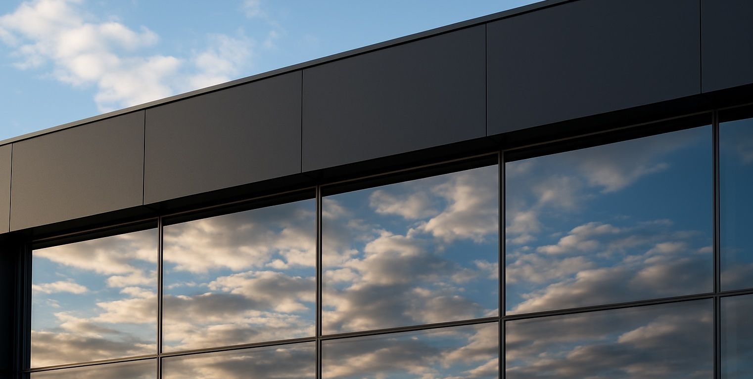 Eine anthrazitfarbene Metallfassade über einer großen Glasfassade