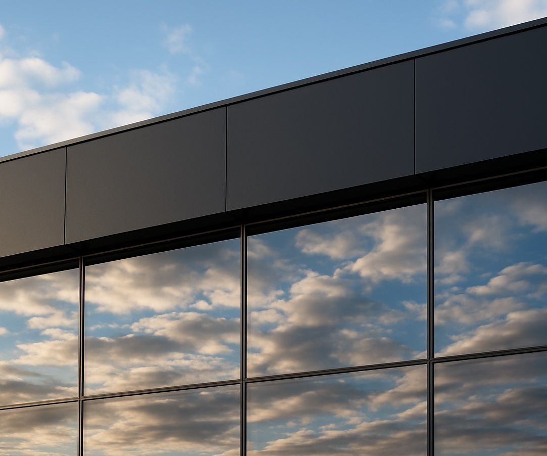 Eine anthrazitfarbene Metallfassade über einer großen Glasfassade