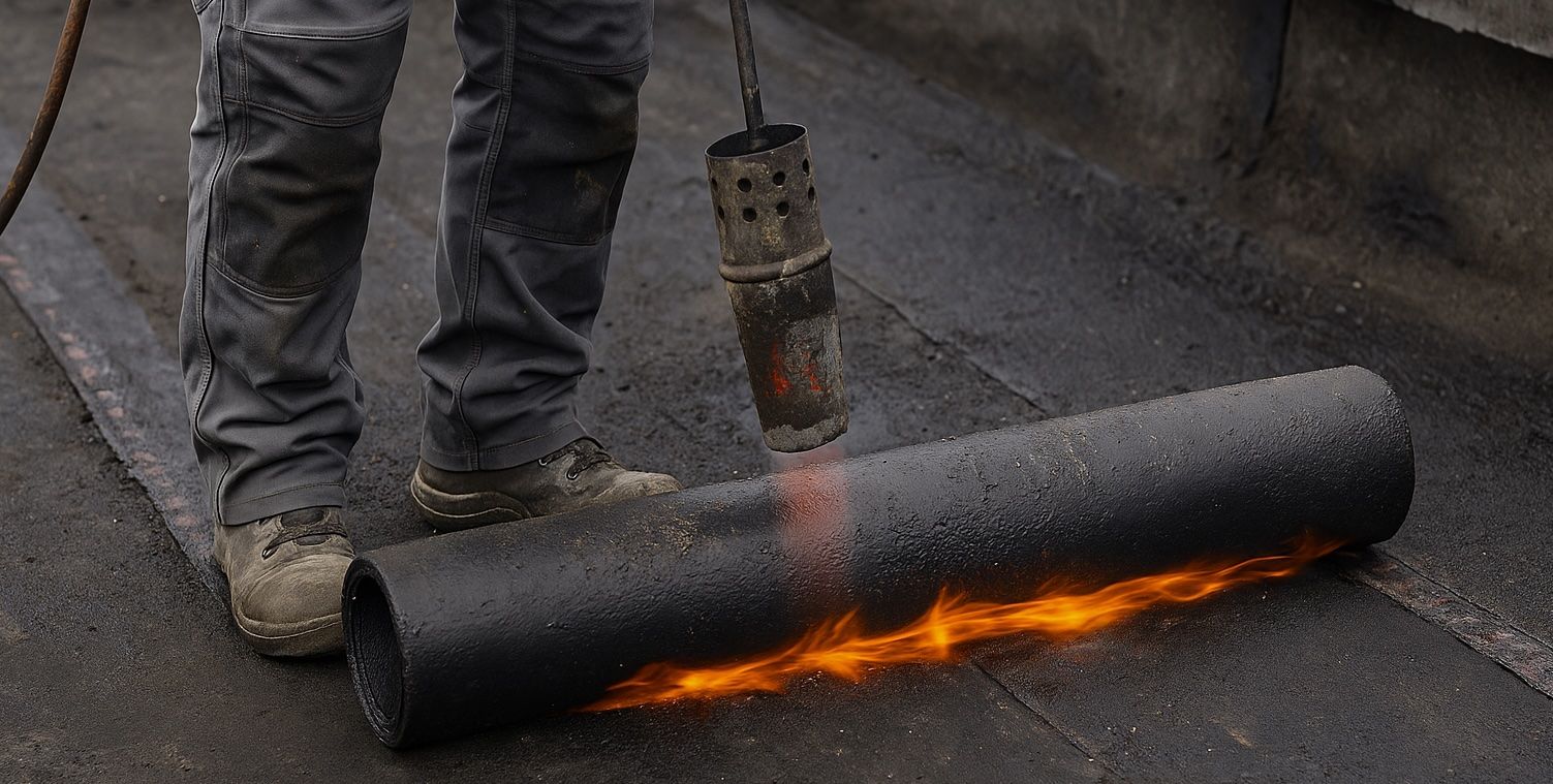 Ein Mitarbeiter, der gerade ein Dach mit einer Schwarzdeckerei abdichtet