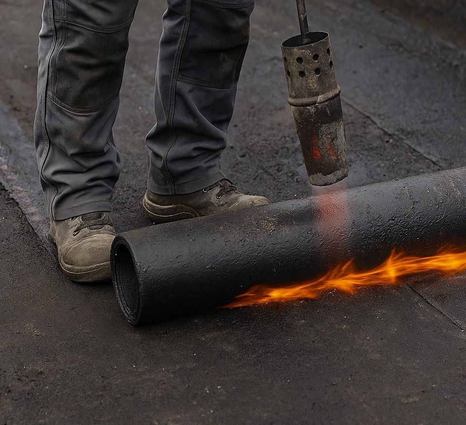 Ein Mitarbeiter, der gerade ein Dach mit einer Schwarzdeckerei abdichtet